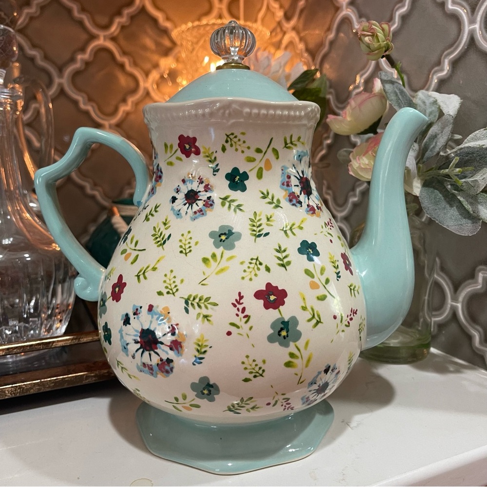 Pioneer Woman 2.7 Qt. Kari Mint Green Tea Coffee Pot Pitcher Floral‎ Design
